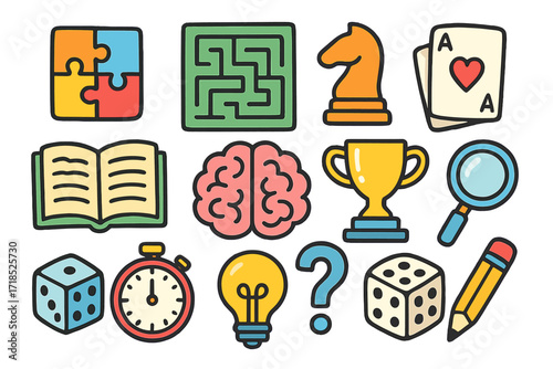 Colorful Learning Icons. Colorful Hand-drawn doodle Children illustration memory training puzzle piece, jigsaw, maze, chess piece, book, brain, card deck,