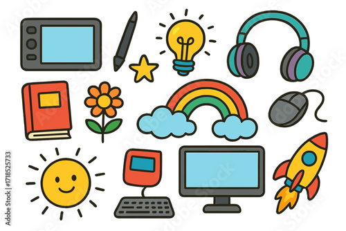 Creative Digital Doodles. Colorful Hand-drawn doodle Children illustration Digital Creativity [tablet, computer, mouse, stylus pen, headphones, light bulb,