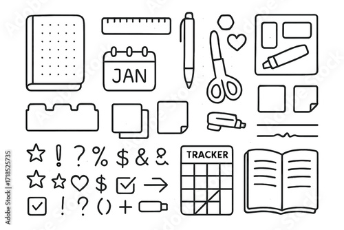 Bullet Journaling Essentials. Hand-drawn doodle illustration [bullet journaling tools] [dot grid notebook, ruler, pen, stencil, washi tape, scissors, calendar