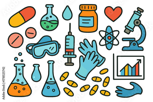 Colorful Medical Doodles. Pharmaceuticals. Colorful Hand-drawn doodle Children illustration pill, capsule, bottle, test tube, flask, beaker, droplet, syringe,