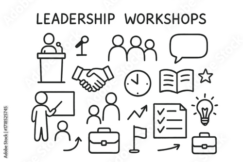 Leadership Workshop Icons. Hand-drawn doodle illustration Leadership workshops [podium, microphone, group of people, handshake, speech bubble, book, clock,