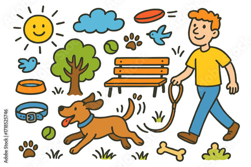 Dog Park Fun. Colorful Hand-drawn doodle Children illustration Dog Park Playtime running dog, tennis ball, smiling pet owner, leash, collar, park bench, tree,