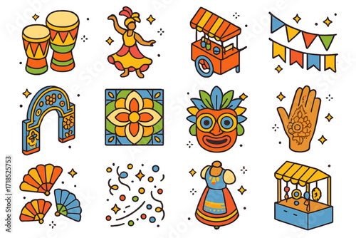 Cultural Festival Icons. Colorful isometric vector icons set of cultural summer street festivals: traditional drums, dance performer, street food cart,