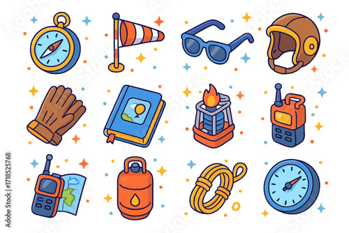 Balloon Pilot Gear Icons. Colorful isometric vector icons set of Balloon pilot gear: compass, wind meter, sunglasses, leather helmet, gloves, flight logbook,