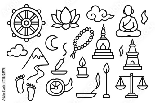 Buddhist Doodle Symbols. Hand-drawn doodle illustration [Afterlife in Buddhism] wheel of dharma, lotus, meditation figure, cloud, flame, mountain, prayer