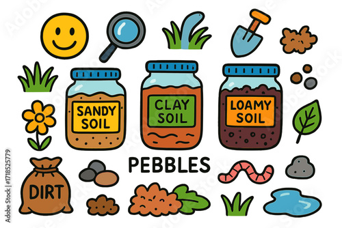 Colorful Soil Doodle. Colorful Hand-drawn doodle Children illustration Soil texture and types sandy soil, clay soil, loamy soil, pebbles, smiley
