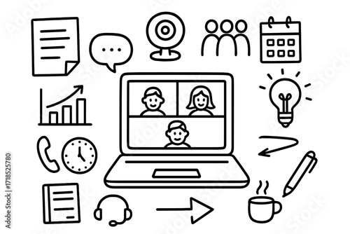 Virtual Meeting Elements. Hand-drawn doodle illustration video conference laptop, webcam, group of people, speech bubble, document, chart, phone, clock,