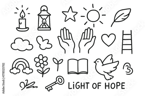 Symbols of Hope. Hand-drawn doodle illustration light of hope candle, lantern, star, sun, open hands, heart, feather, cloud, rainbow, flower, sprout, book,