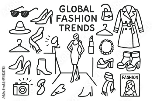 Global Fashion Doodles. Hand-drawn doodle illustration Global Fashion Trends runway, sunglasses, high heels, handbag, trench coat, fedora hat,