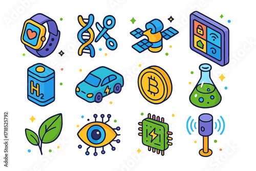 Emerging Tech Icons. Colorful isometric vector icons set of Emerging technologies: wearable device, gene editing tool, space satellite, smart home panel,
