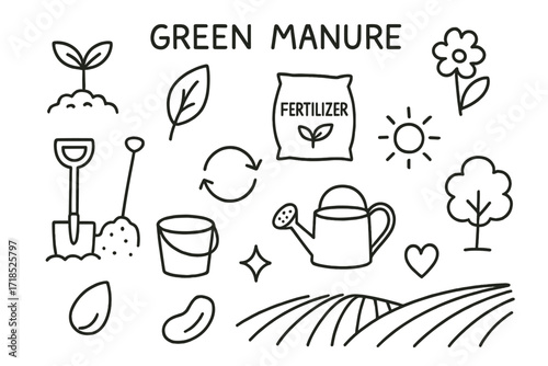 Green Manure Icons. Hand-drawn doodle illustration Green manure [plant sprout, leaf, flower, shovel, soil, fertilizer bag, recycle arrows, bucket, watering