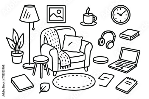 Cozy Workspace Doodle. Hand-drawn doodle illustration Cozy home workspace [armchair, laptop, blanket, coffee mug, floor lamp, plant, candle, notebook, cushion,