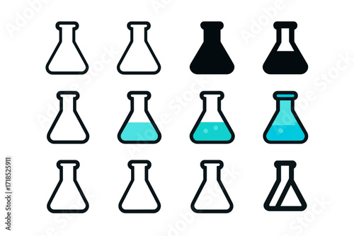 Colorful Flask Logos. Set Logo of Flasks: Classic laboratory Erlenmeyer flask. Logo set in vector style, emblematic variations. line, bold thick line, solid