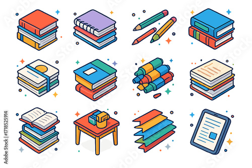 Colorful Study Icons. Colorful isometric vector icons set of piled up books and study materials: stacked textbooks, notebooks pile, scattered pencils, bundled