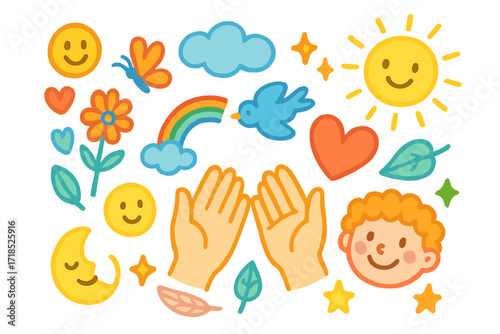 Joyful Doodle Compilation. Colorful Hand-drawn doodle Children illustration Gentle Touch hands, heart, flower, butterfly, bird, rainbow, sun, cloud, sparkles,