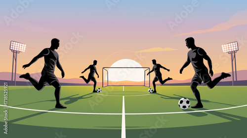 Soccer Players Kicking Ball in Golden Hour Silhouette on Stadium Field Vector Illustration