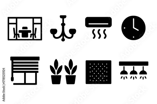 Boardroom Icon Set. Solid, filled icon set of boardroom environment: glass walls, chandelier, air conditioning, clock, window blinds, plants, carpet, ceiling