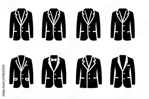 Suit Style Icons. Solid, filled icon set of suit styles: slim fit, classic fit, modern fit, tailored fit, casual suit, formal suit, vintage suit, designer