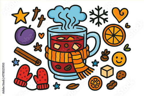 Winter Fruit Drink. Colorful Hand-drawn doodle Children illustration Winter fruit drink glass mug, cloves, cinnamon, orange slice, warm steam, apple chunks,