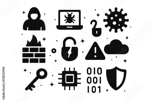 Cyber Invasion Icons. Cyber Invasion. Solid icons set of cyber invasion: hacker silhouette, laptop, bug icon, virus, firewall, lock broken, data cloud, warning