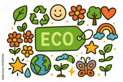 Eco Doodle Delight. Colorful Hand-drawn doodle Children illustration Green Label Design with Eco Vibes [leaf, recycling sign, earth, flower, tree, heart, star,