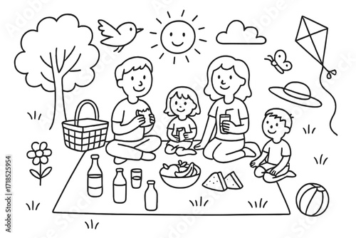 Family Picnic Illustration. Hand-drawn doodle illustration Picnic family gathering [basket, blanket, sandwiches, fruit, drinks, tree, sun, clouds, grass,