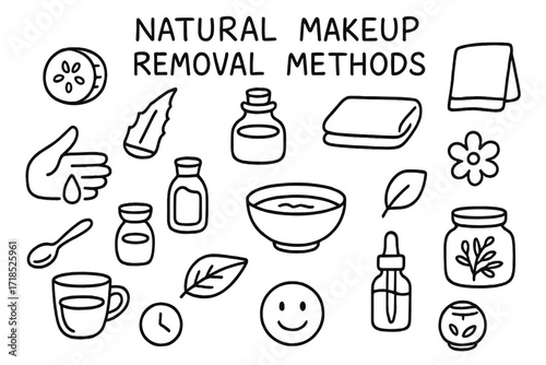 Natural Makeup Removal. Hand-drawn doodle illustration [Natural makeup removal methods] cucumber slice, aloe leaf, jar of oil, cotton cloth, hand with droplet,