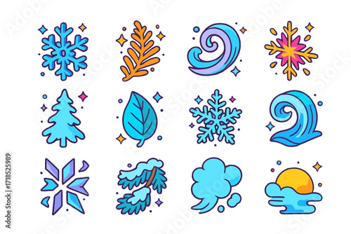 Frosty Isometric Icons. Colorful isometric vector icons set of seasonal frost motifs: frosty snowflake, icy fern, glacial swirl, snow crystal burst, hoarfrost