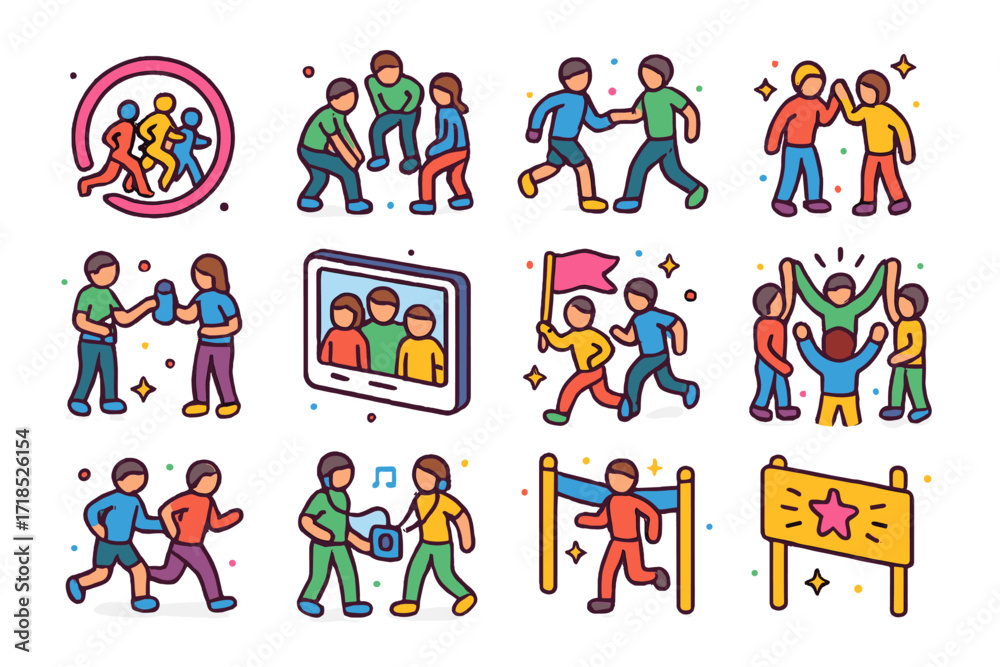 Fototapeta premium Group Running Icons. Colorful isometric vector icons set of group running and community: running club logo, group warm-up, synchronized stride, high five,
