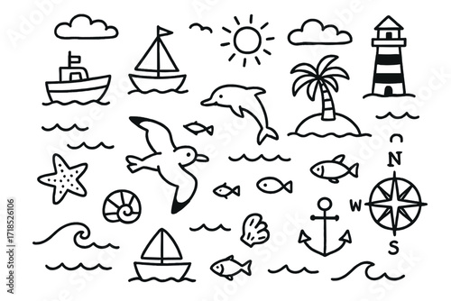 Ocean Icons Doodle. Hand-drawn doodle illustration bird?s eye view of the sea seagull, waves, fish, dolphin, boat, sailboat, anchor, lighthouse, starfish, palm