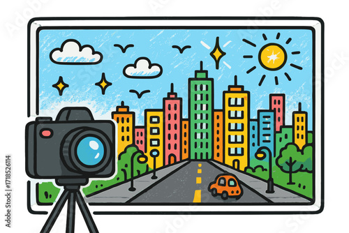 Cartoon City Panorama. Colorful Hand-drawn doodle Children illustration City panorama skyline, high-rise buildings, wide lens, camera button, street lights,
