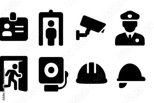 Workplace Security Icons. Solid, filled icon set of workplace security: ID card, security checkpoint, CCTV, security guard, metal detector, emergency exit,