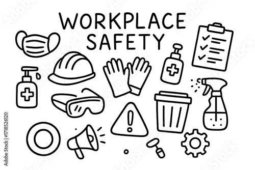 Workplace Safety Doodles. Workplace Safety. Hand-drawn doodle illustration mask, hard hat, gloves, sanitizer, checklist, safety goggles, trash bin, no entry