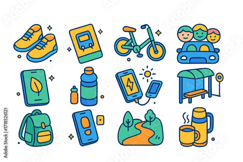 Eco Commuting Icons. Colorful isometric vector icons set of eco-friendly commuting habits: walking shoes, public transport pass, foldable bike, carpool icon,