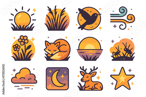 Isometric Sunset Meadow Icons. Colorful isometric vector icons set of sunset meadow scenes: golden sun, tall grass silhouettes, silhouetted bird, soft breeze