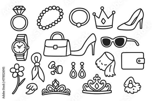 Luxury Fashion Doodles. Hand-drawn doodle illustration Luxury fashion items [diamond ring, pearl necklace, gold bracelet, crown, watch, designer handbag, high