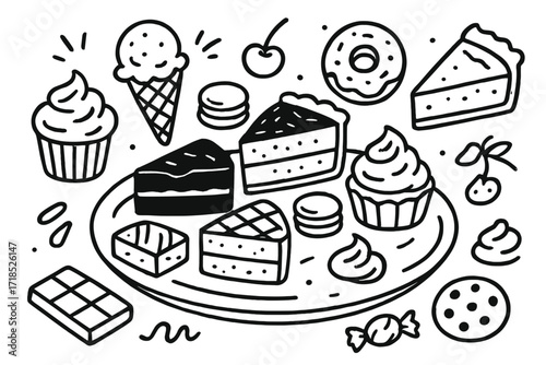 Dessert Doodle Delight. Hand-drawn doodle illustration Dessert platter, chocolate cake, cupcake, macarons, ice cream cone, donut, pie slice, brownie, tart,