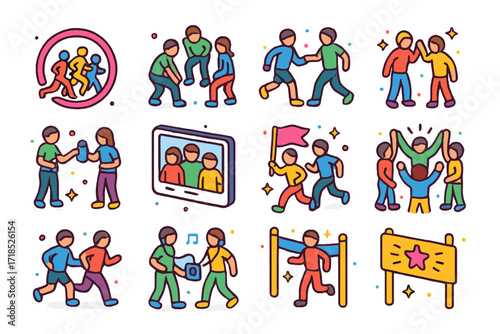 Group Running Icons. Colorful isometric vector icons set of group running and community: running club logo, group warm-up, synchronized stride, high five,