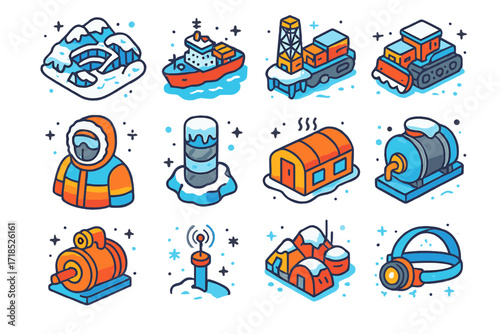 Arctic Mining Icons. Colorful isometric vector icons set of Mining in the Arctic and extreme cold environments: snow-covered mining site, icebreaker supply
