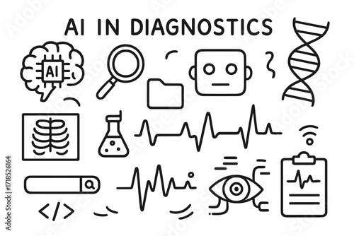 AI Diagnostics Doodle. Hand-drawn doodle illustration AI in diagnostics [brain chip, magnifying glass, AI face, DNA strand, x-ray icon, file folder, lab test