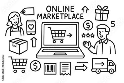 Online Marketplace Doodles. Hand-drawn doodle illustration Online marketplace [laptop, smartphone, seller, buyer, package, gift, shopping cart, wishlist heart,