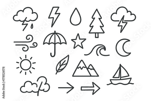 Weather Symbols Doodle. Hand-drawn doodle illustration Stormy sky cloud, lightning bolt, raindrop, thunder symbol, wind swirl, umbrella, tree, star, sun, moon,
