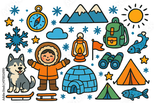 Arctic Adventure Doodles. Colorful Hand-drawn doodle Children illustration Arctic Exploration [sled, husky, compass, backpack, snowflake, mountain, igloo,