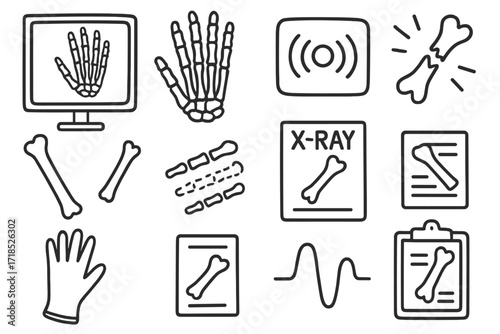X-Ray Hand Doodle. Hand-drawn doodle illustration Hand X-ray hand bones, wrist joint, thumb bone, X-ray screen, finger bones, scanner icon, fracture mark,