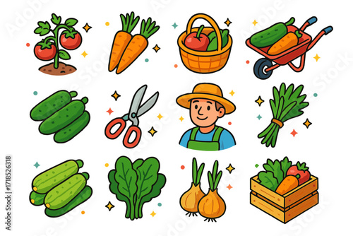 Colorful Harvest Icons. Colorful isometric vector icons set of harvesting vegetables: tomato plant, carrot bunch, garden basket, wheelbarrow, harvested