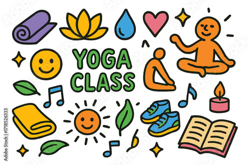 Colorful Yoga Doodles. Colorful Hand-drawn doodle Children illustration Yoga class yoga mat, lotus flower, water droplet, heart, star, smiley face, sparkles,