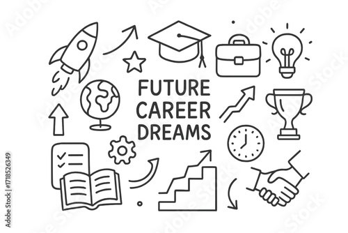 Future Career Icons. Hand-drawn doodle illustration Future Career Dreams [rocket, graduation cap, globe, briefcase, light bulb, arrows, star, gear, book,