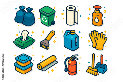 BBQ Cleanup Essentials Icons. Colorful isometric vector icons set of post-BBQ cleanup supplies: trash bags, recycling bin, paper towel roll, dish soap bottle,