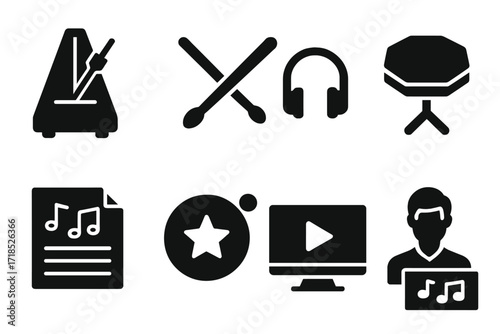 Drum Practice Icons. Solid, filled icon set of drumroll practice and rehearsal: metronome, drumsticks, headphones, practice pad, music sheet, recording