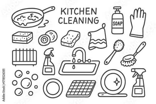 Kitchen Cleaning Doodles. Hand-drawn doodle illustration [Kitchen cleaning] [dirty frying pan, sponge, scrubber, soap, dish rack, towel, gloves, water spray,